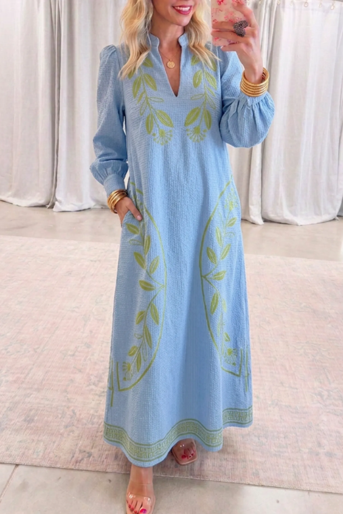 Blue Textured Leaf Balloon Sleeve Side Pockets Maxi Dress
