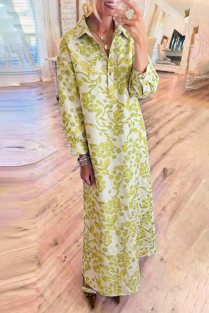 Cream Lime Floral Jacquard Long Sleeve Pockets Maxi Dress