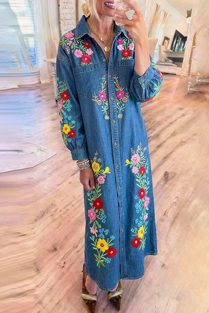 Denim Collared Puff Sleeve Chest Pocket Floral Embroidery Maxi Dress