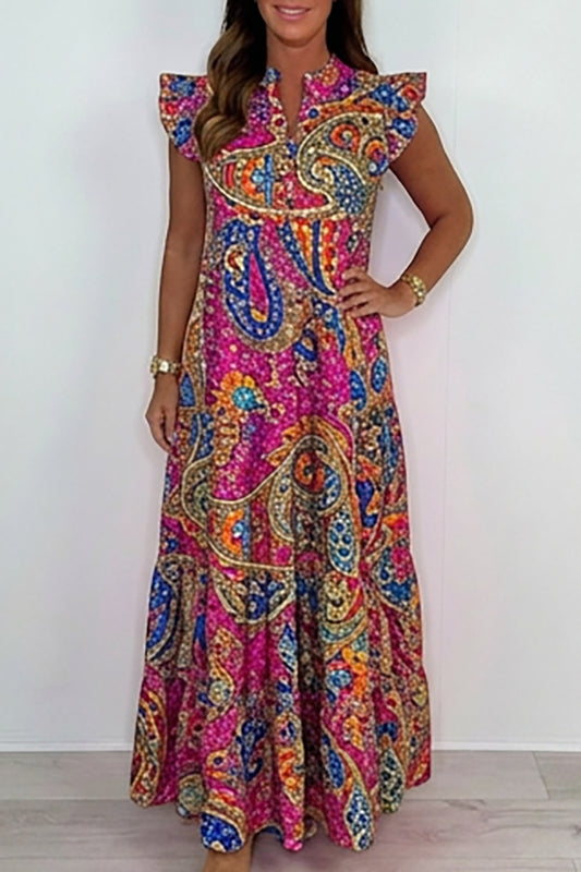 Ruffle Sleeve Paisley Print Maxi Dress