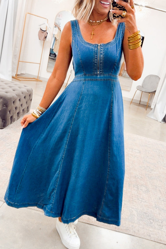Scoop Neck A-Line Denim Midi Dress