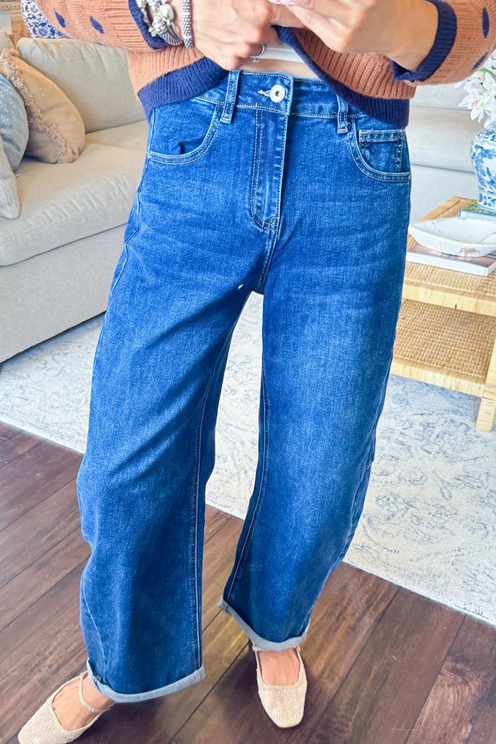 Dark Wash Cuffed Hem Barrel Leg Pockets Jeans