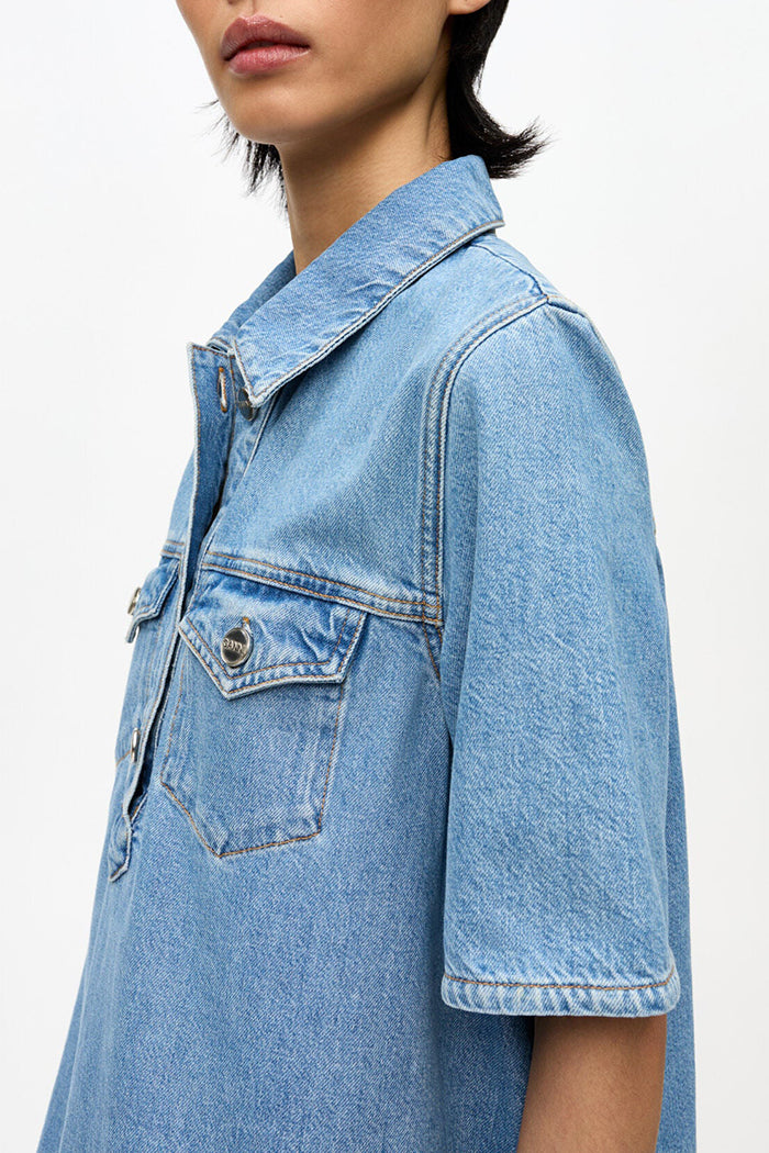 Pocketed Collared Eyelet Trim Raw Hem Denim Dress