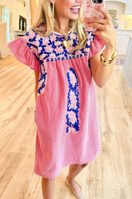 Flutter Sleeves Gingham Embroidered Pocket Dress