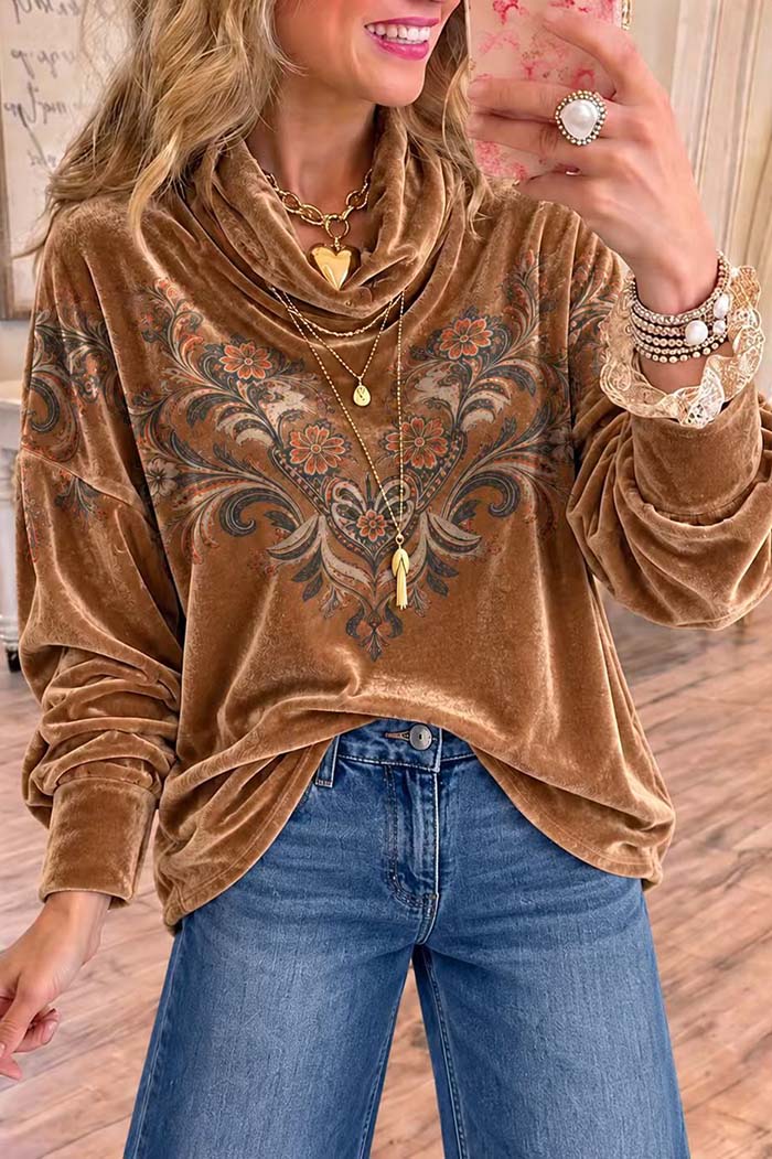 Cowl Neck Floral Pattern Velvet Top
