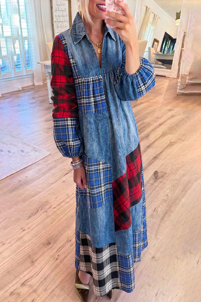 Denim Plaid Patchwork Pocket Maxi Dress