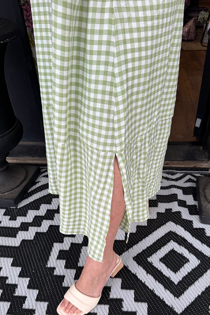 Gingham Collared  Puff Sleeve Side Slit Dress