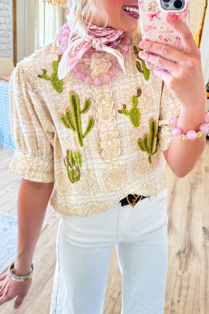 Casual Embroidered Cactus Top