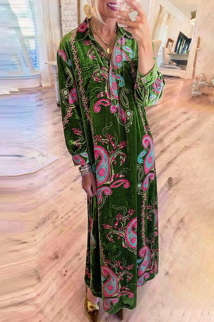 Velvet Paisley Collared Pockets Long Sleeve Maxi Dress