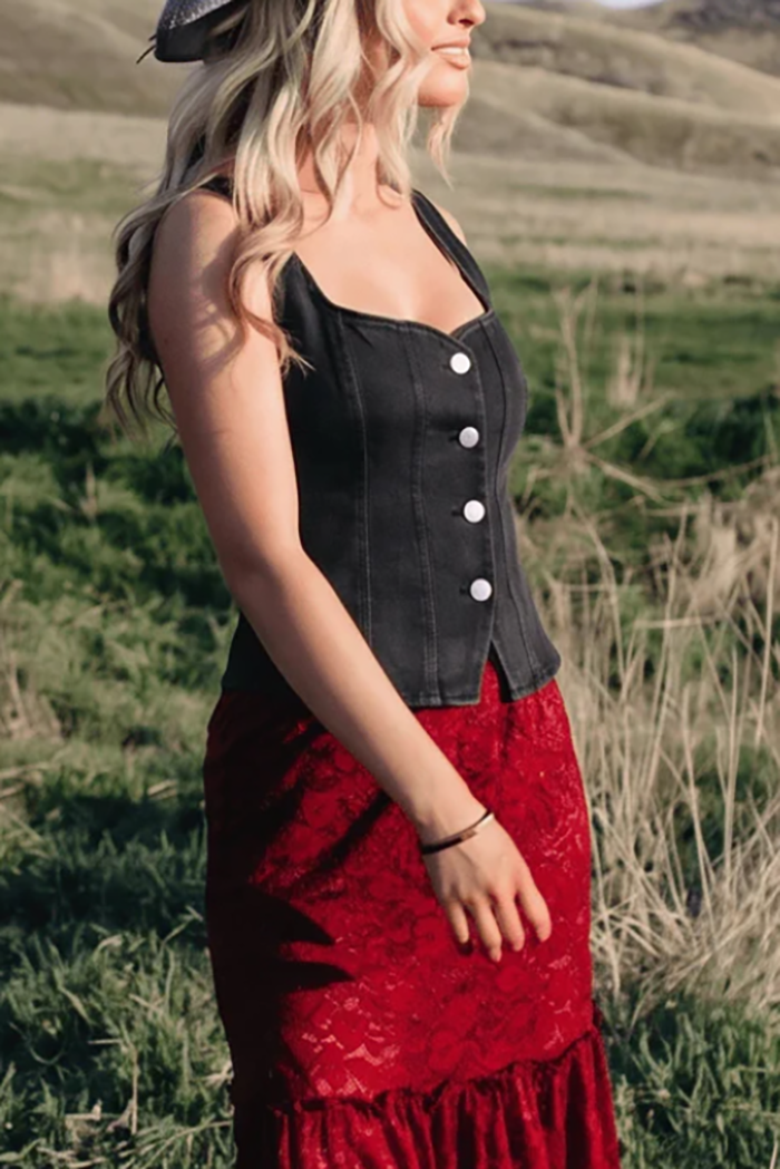 Sweetheart Neckline Button Front Denim Tank