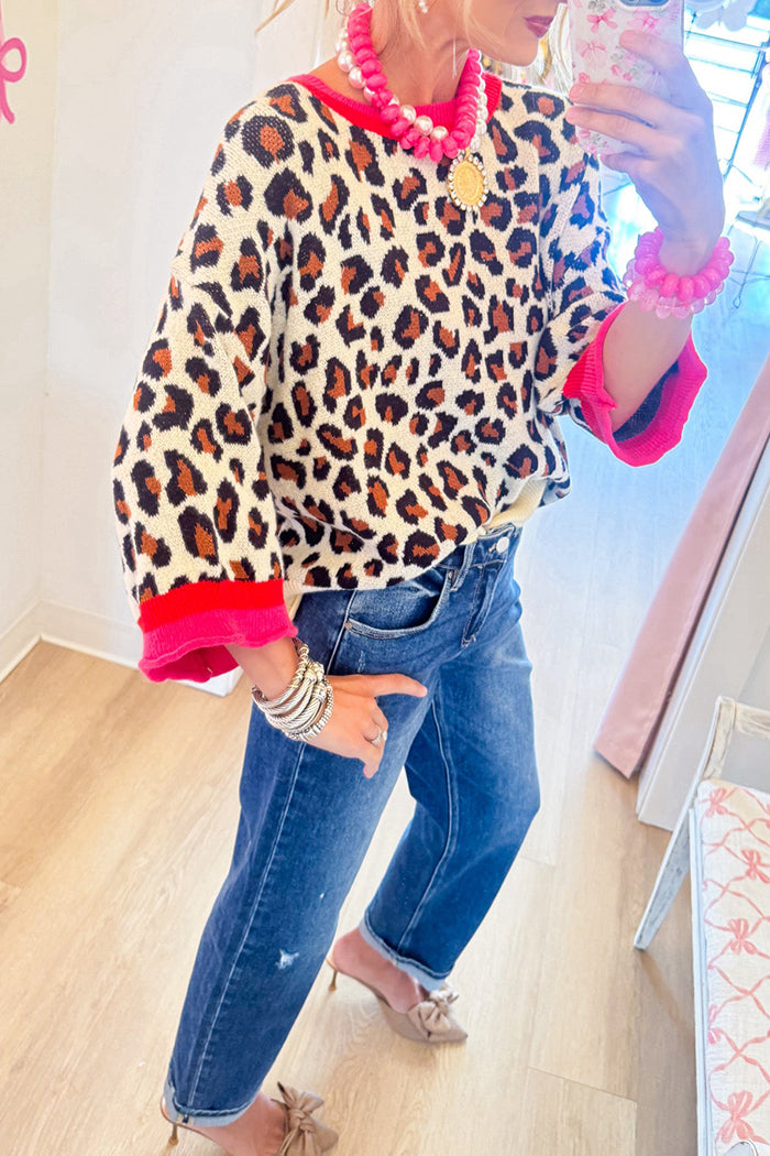 Rib Trim Leopard Pattern Knit Top