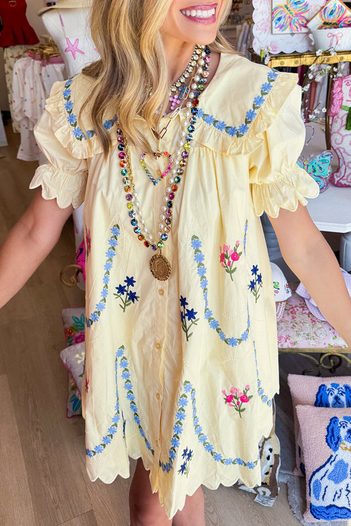 Lemon Floral Scallop Hem Mini Dress