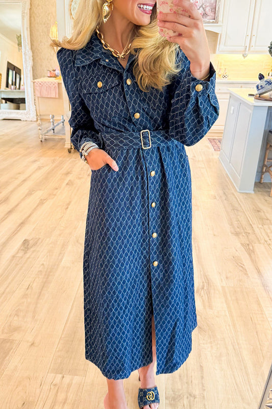 Printed Button Down Pocket Denim Midi Dress