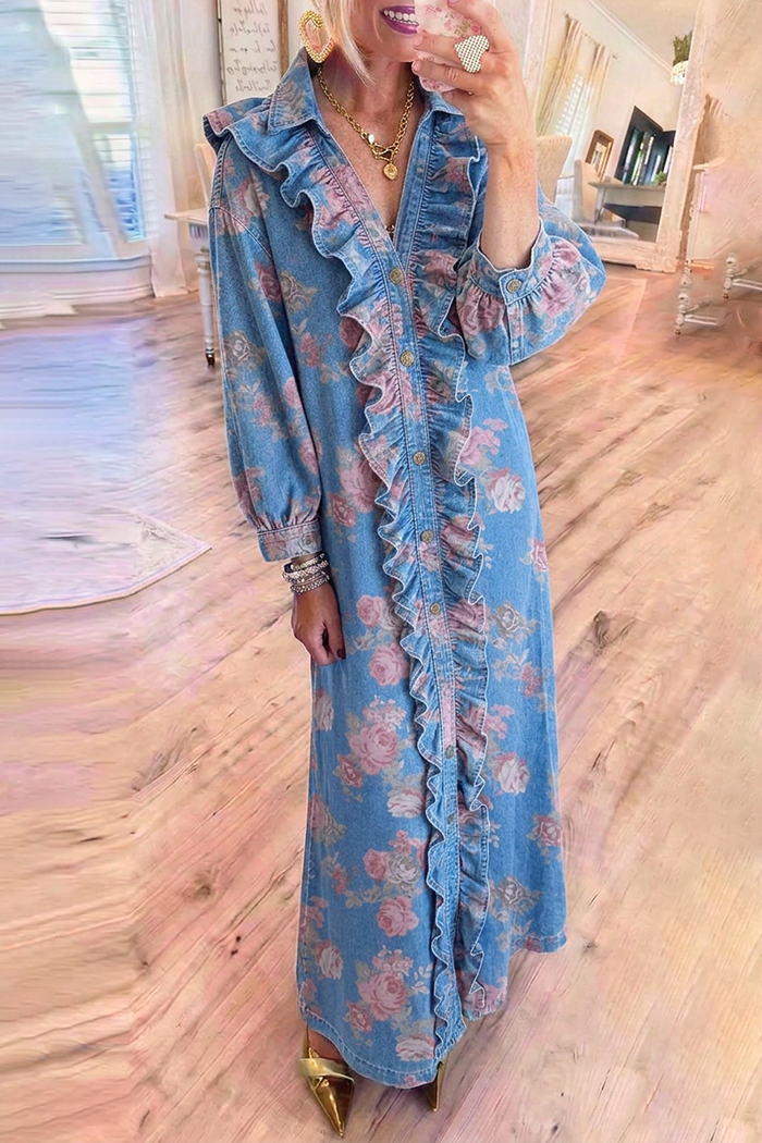 Denim Ruffle Placket Vintage Floral Maxi Dress