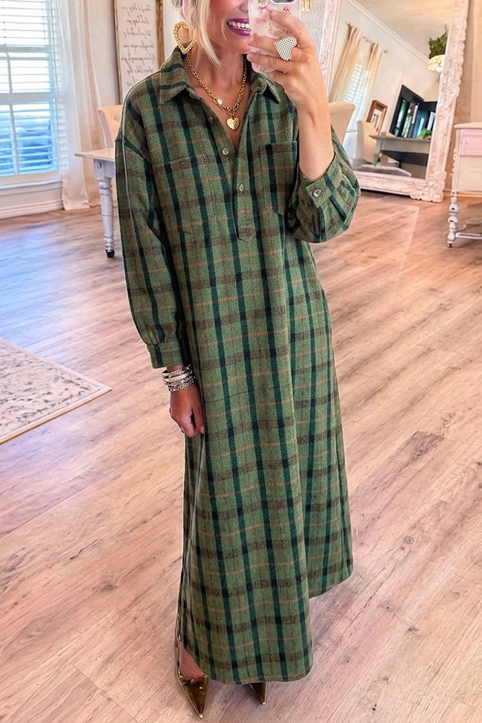 Green Plaid Collared Pocket Maxi Dress