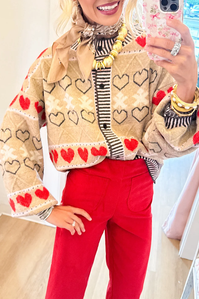 Heart Pattern Balloon Long Sleeve Stripe Trim Button Cardigan
