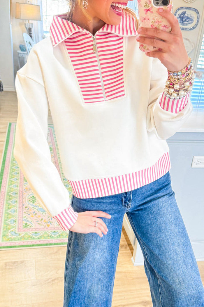 Pink Off White Stripe Zip Up Long Sleeve Top