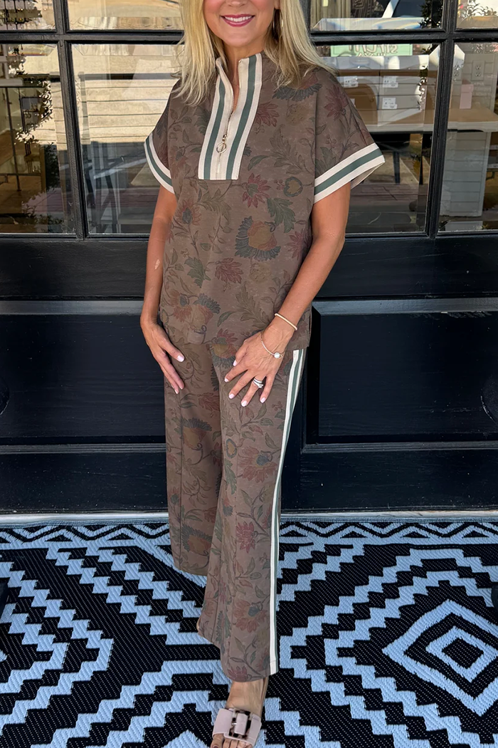 Brown Half Zip Neck Contrast Stripe Floral Set