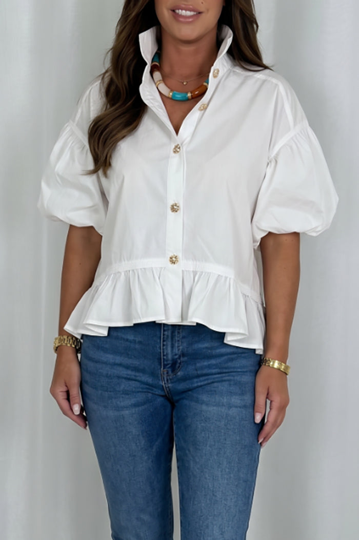 Ruffle Hem Puff Sleeve Button Down Top