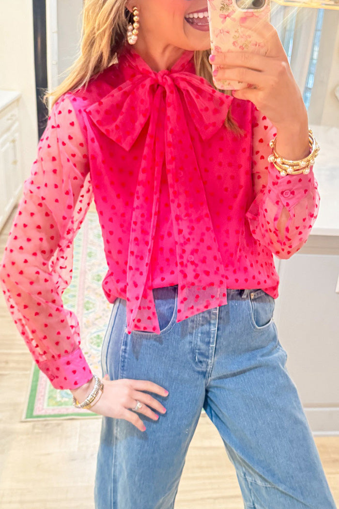 Long Sleeve Hot Pink Heart Bow Top