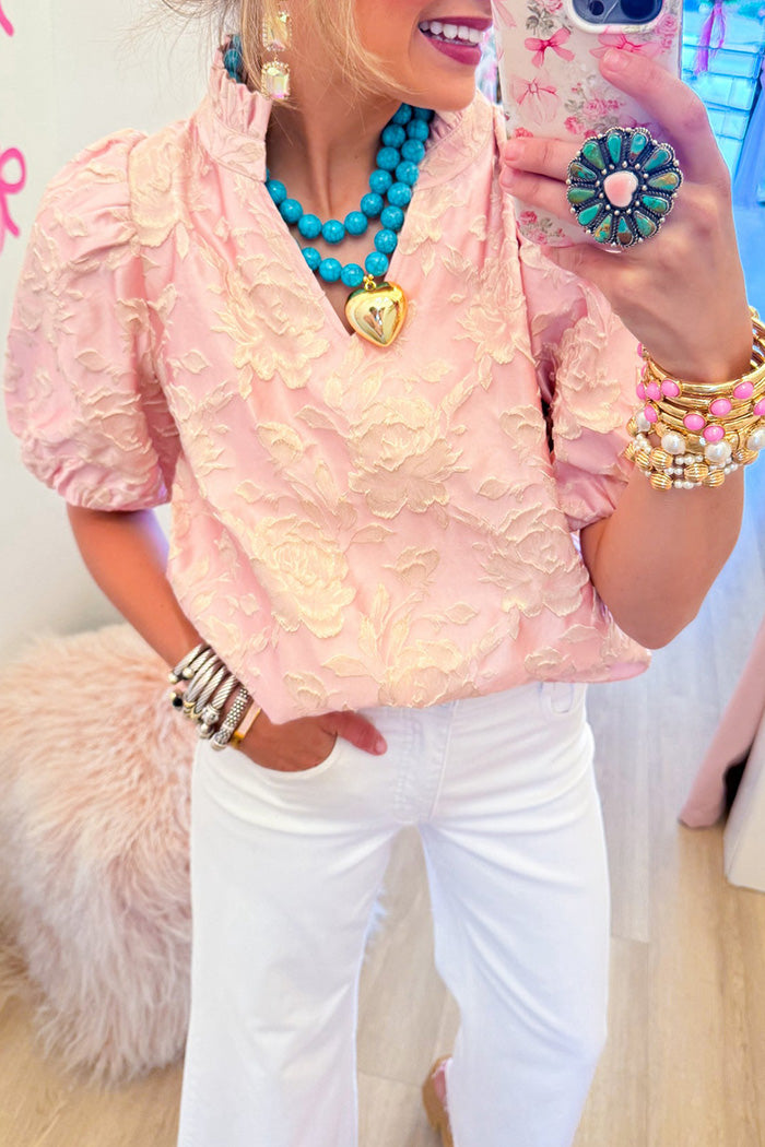 Ruffle Neck Puff Sleeve Floral Blouse