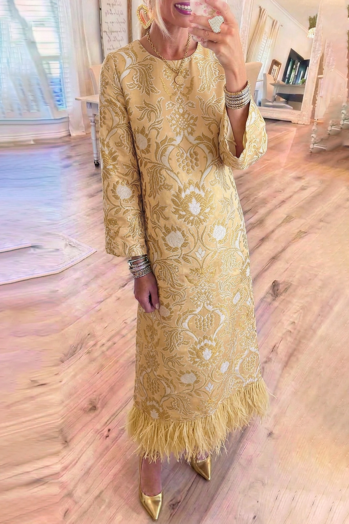 Baroque Floral Jacquard Round Neck Feather Hem Pockets Maxi Dress