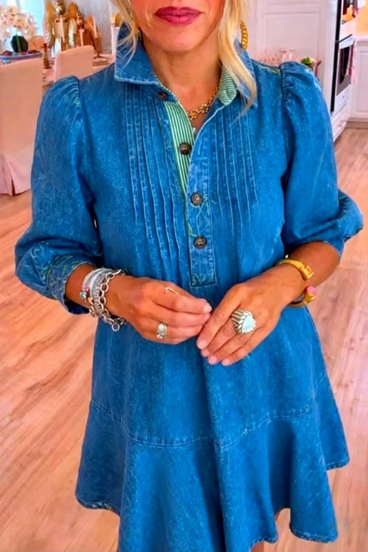Pintuck Ruffle Hem Denim Dress