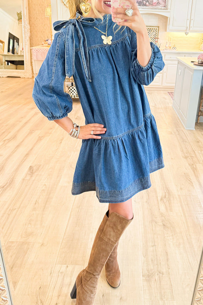Bow 3/4 Sleeve Pocket Dress