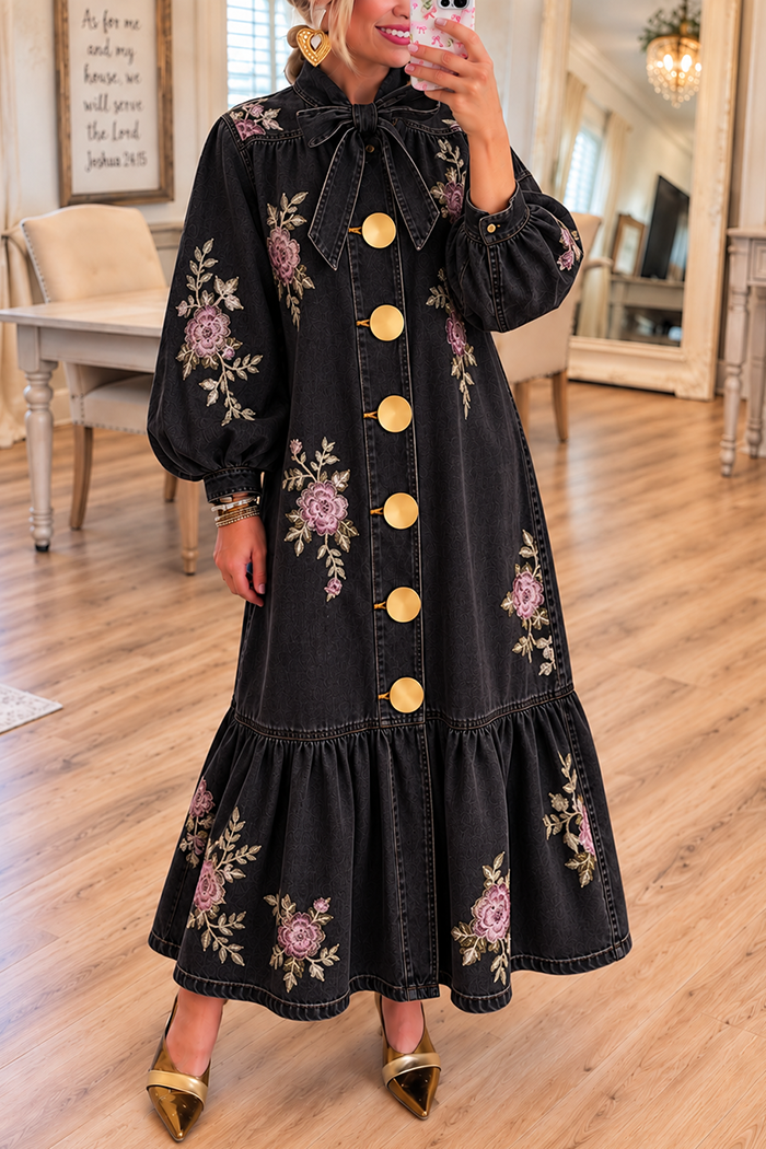 Black Denim Bow Neck Embroidered Maxi Dress