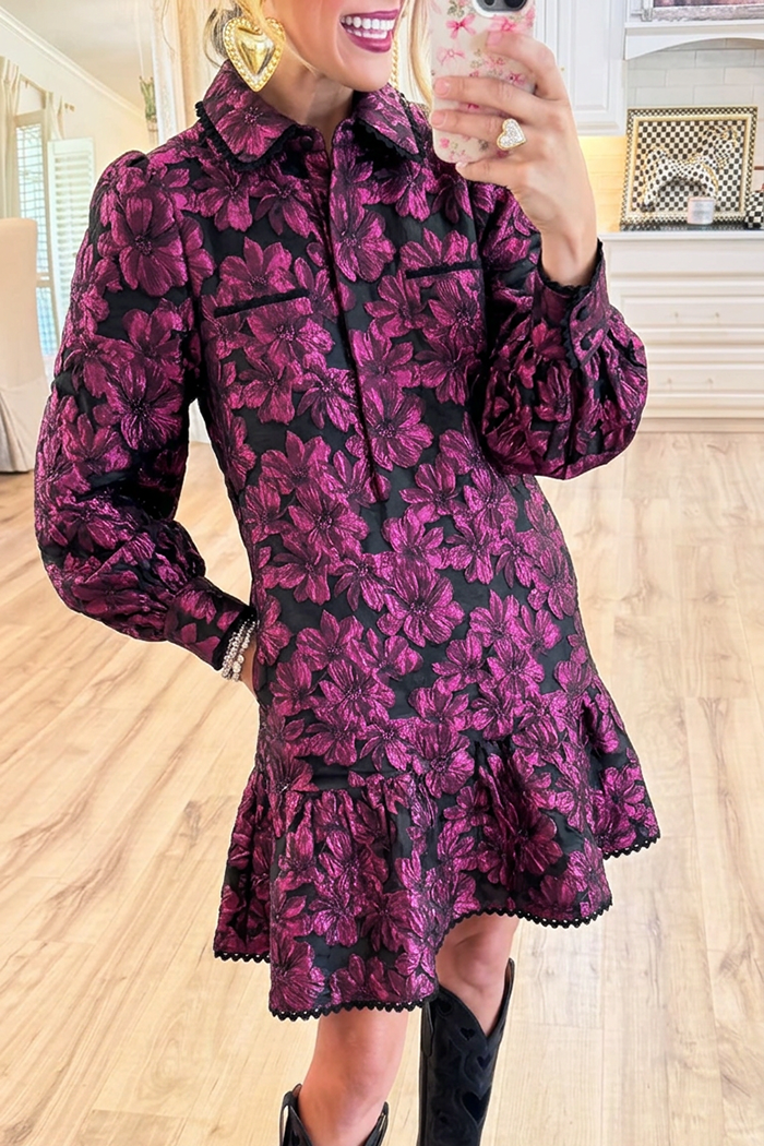 Collared Magenta Metallic Floral Jacquard Ruffle Hem Pocket Dress