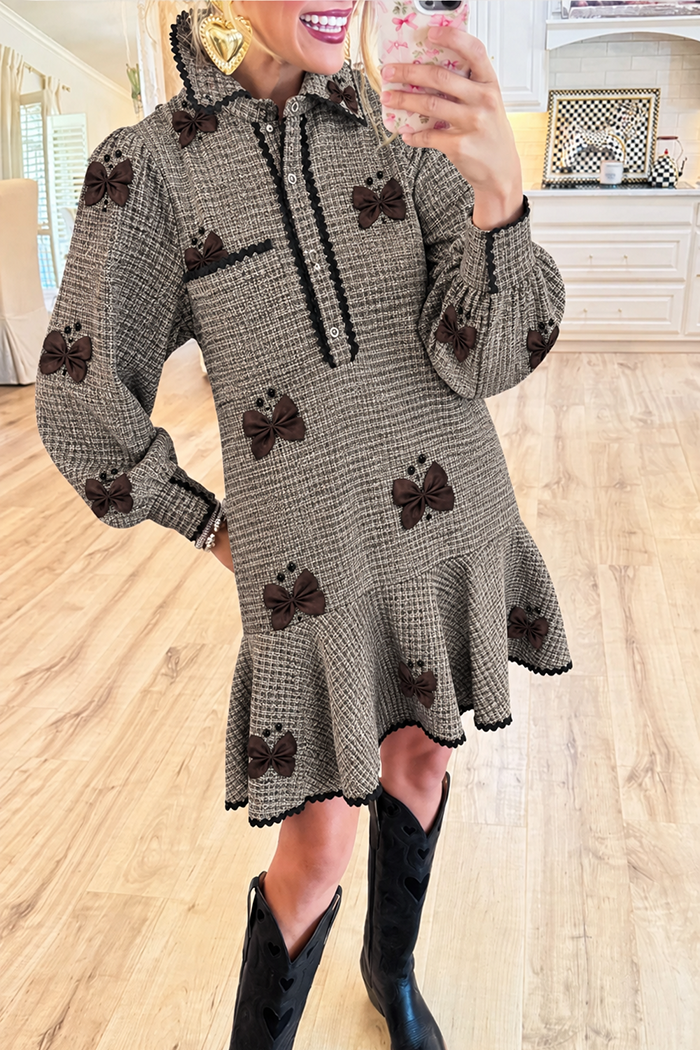 Tweed Collared Butterfly Ruffle Hem Pockets Dress