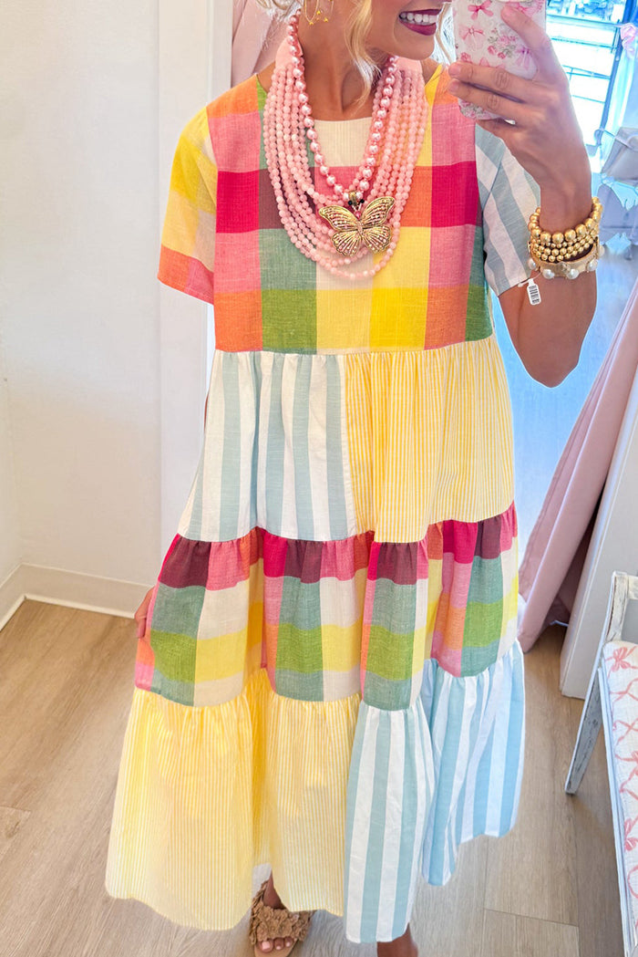 Round Neck Short Sleeve Mixed Print Tiered Midi Dress