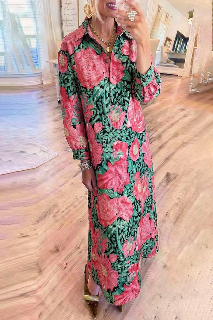 Pink Green Floral Jacquard Long Sleeve Pockets Maxi Dress