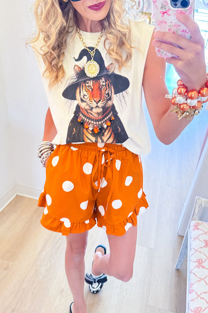 Orange Polka Dot Ruffle Hem Shorts
