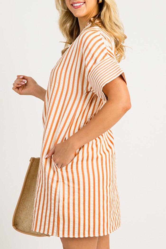 Striped Cuffed Sleeves Pocket Dress