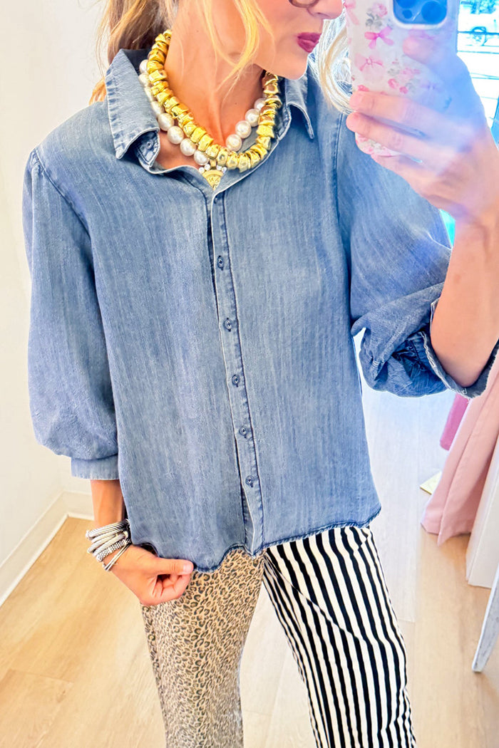 Washed Denim Bubble Sleeve Top