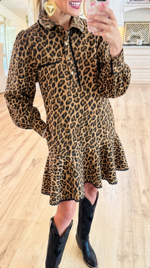 Classic Leopard Print Shirt Mini Dress