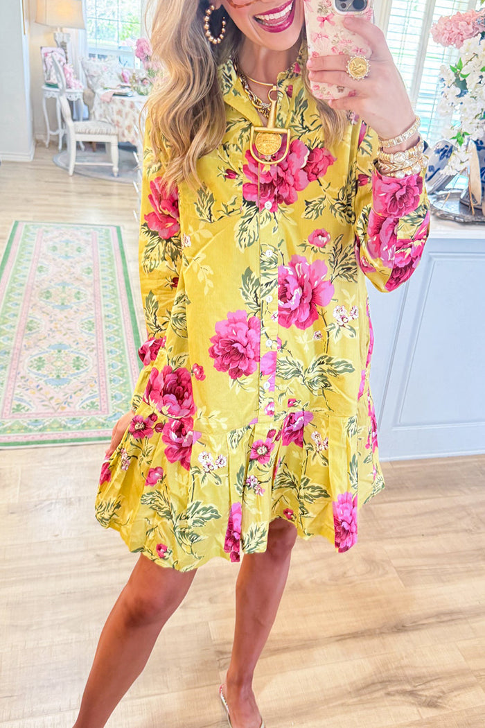 Pleated Long Sleeve Ruffle Hem Shirtdress
