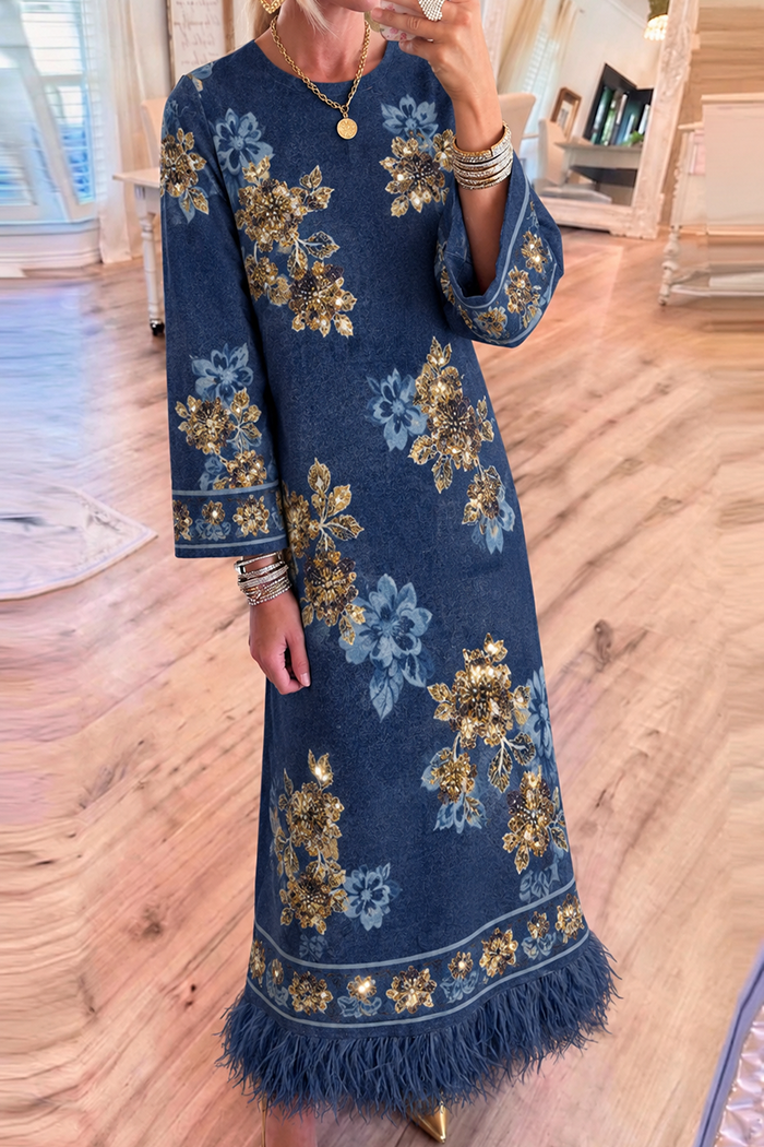 Round Neck Floral Sequin Pockets Fringe Hem Maxi Dress