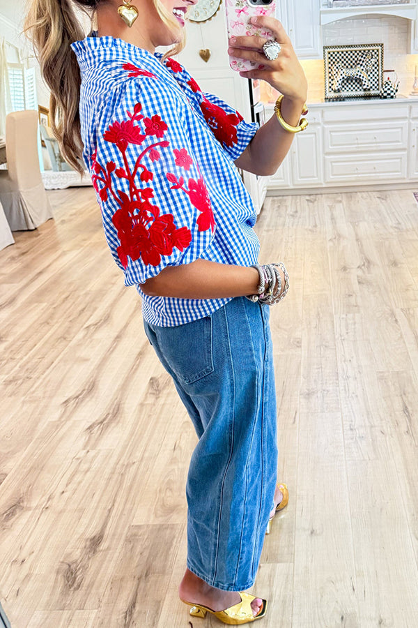 Embroidered Puff Sleeve Grid Top