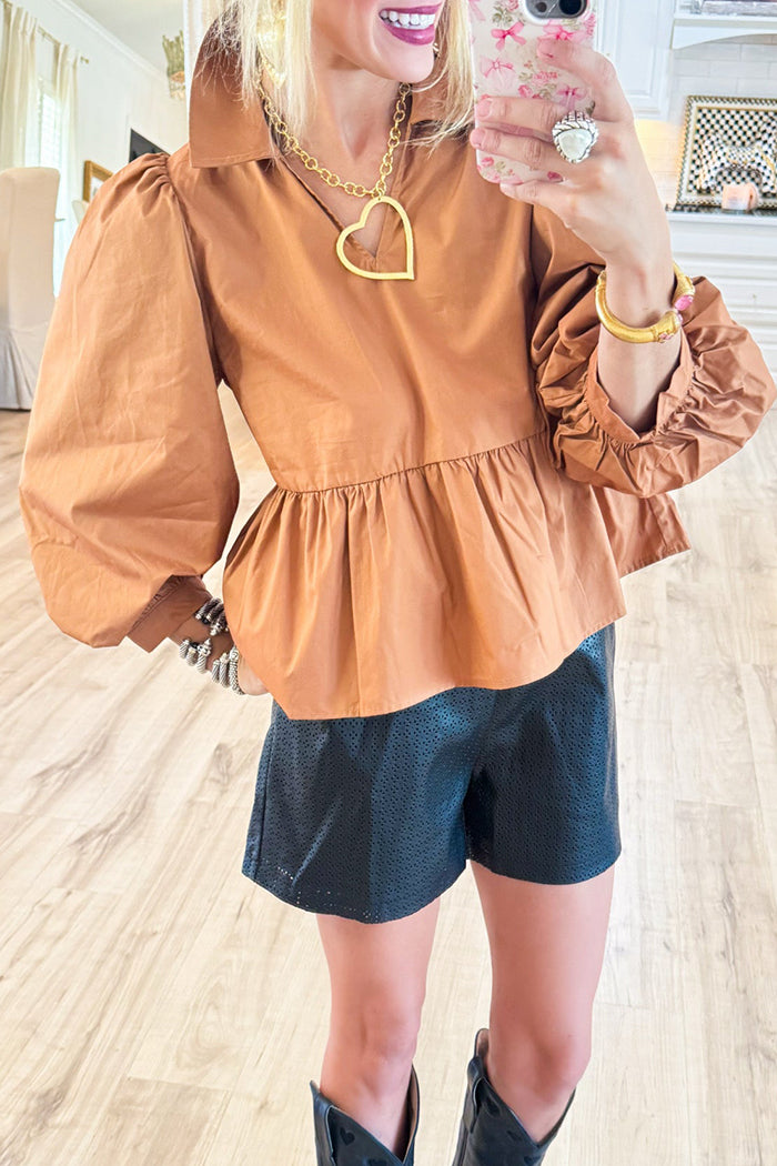 Toffee Balloon Sleeve Peplum Top