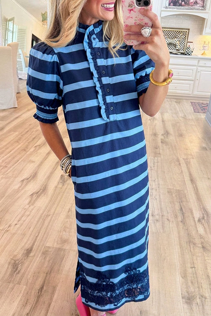 Navy Stripe Ruffle Placket Pocket Dress