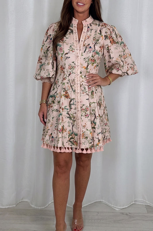 Boho Floral Puff Sleeve Tassel Dress