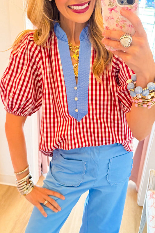 Red Gingham Short Puff Sleeve Top