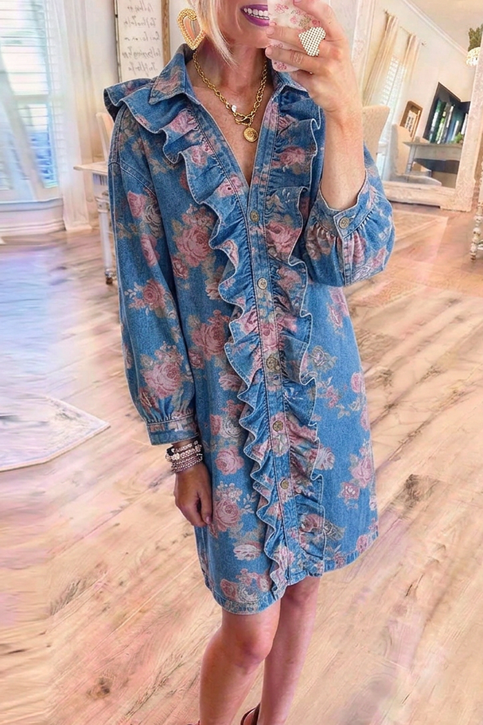 Blue Denim Ruffle Placket Vintage Rose Print Shirt Dress