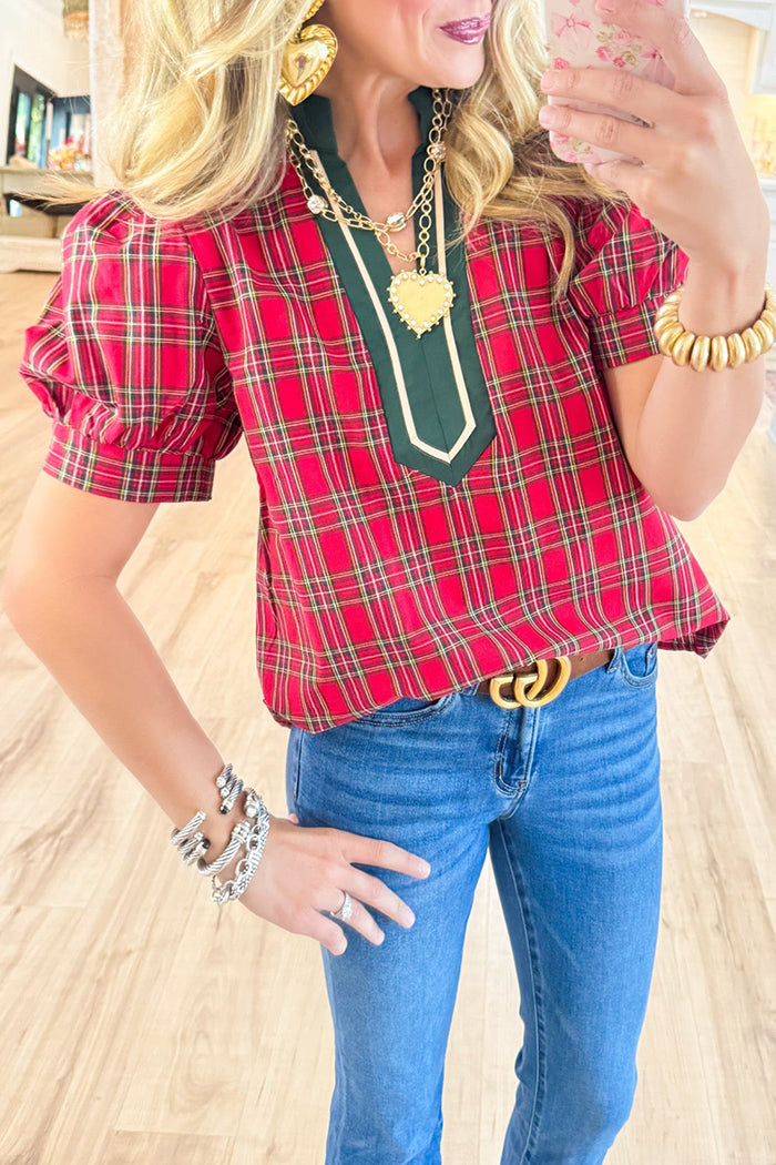 Plaid Caftan Puff Sleeves Top