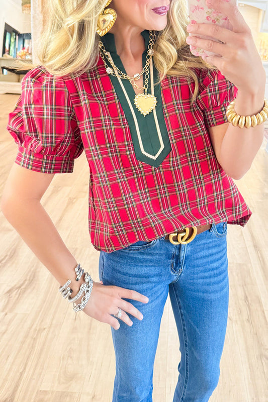Plaid Caftan Puff Sleeves Top