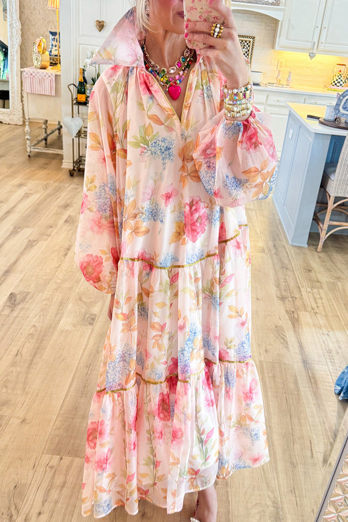 Pink Multi Floral Mesh Sleeve Maxi Dress