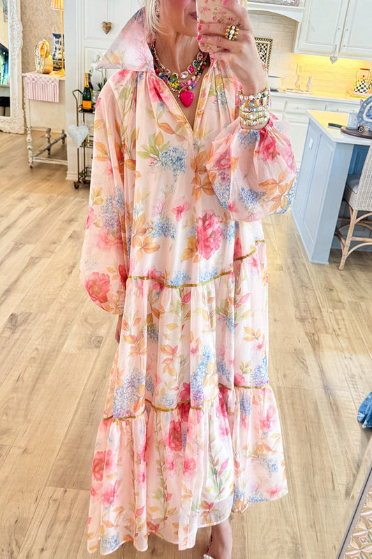 Pink Multi Floral Mesh Sleeve Maxi Dress