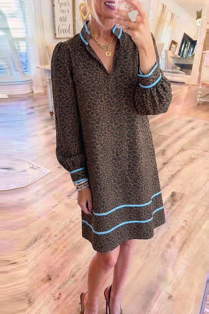 Brown Leopard Puff Long Sleeve Blue Trim Shift Dress
